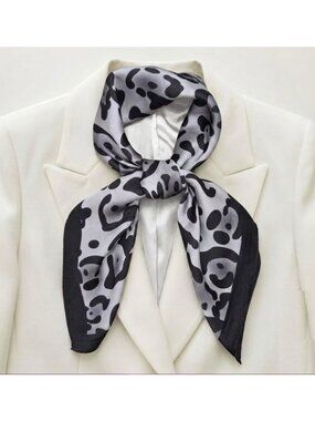 Elegant Grey Leopard Print Silky Satin Square Scarf Fashion Neck Wrap Accessory